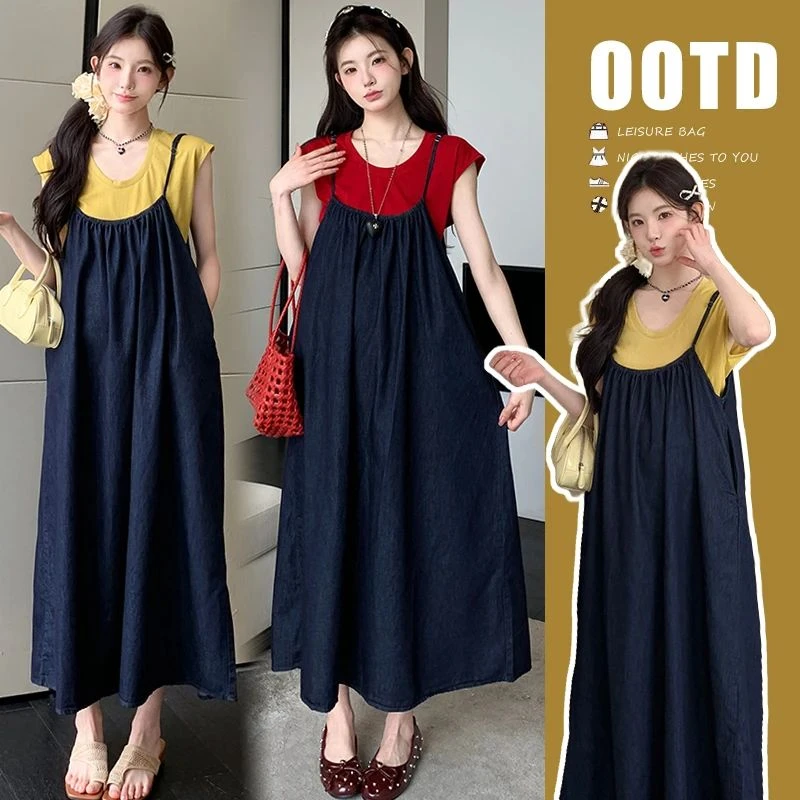 夏季孕妇装2025新款高质量百搭短袖上衣可调节宽松牛仔背带裙夏装