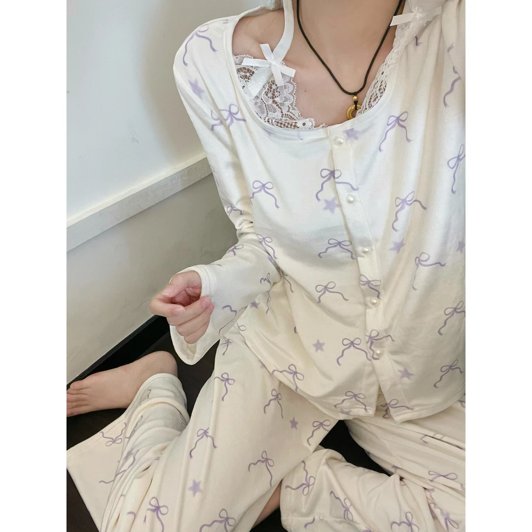 甜美蝴蝶结星星印花蕾丝花边睡衣女春秋季新款长袖长裤家居服套装