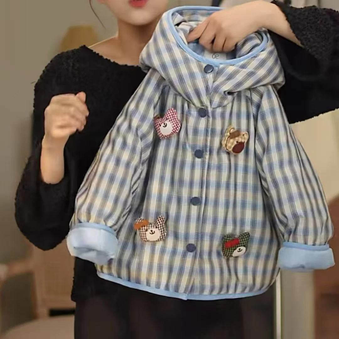 男女童新款格子冬季棉服2025女童时髦洋气保暖棉袄卡通加厚外套