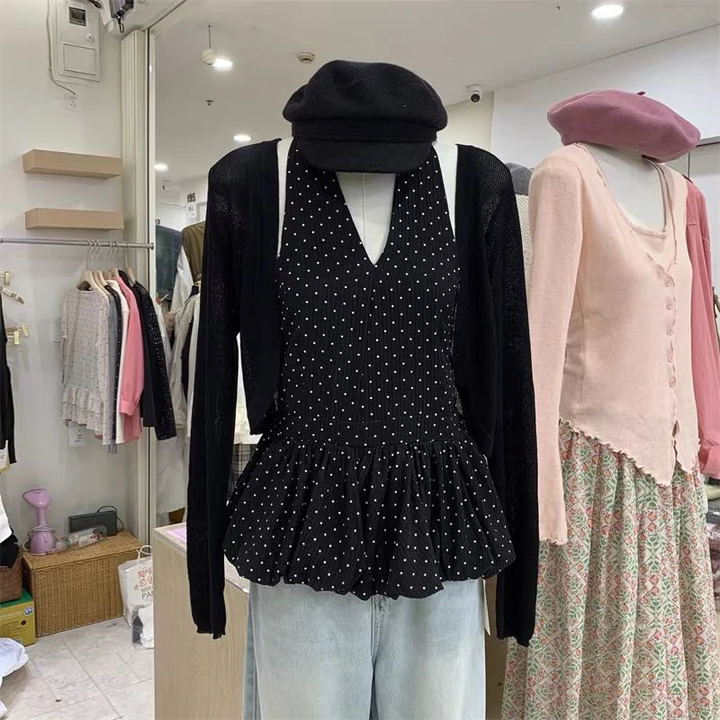 潼潼家【波点少女】春夏大码时尚显瘦气质挂脖吊带开衫二件套