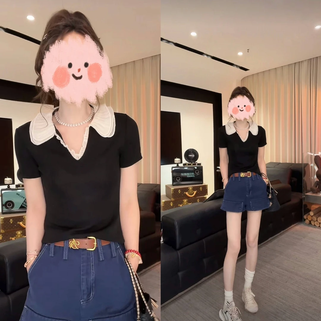 2025新品高级时尚优雅拼色百搭短袖+重工明线高腰时尚牛仔短裤