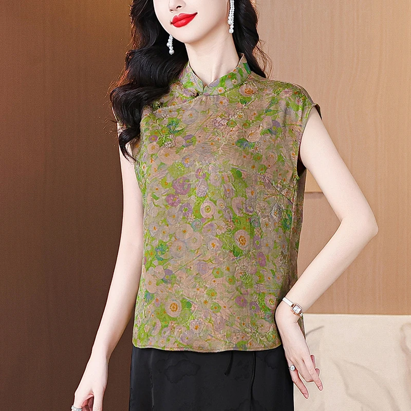 新中式绿色提花盘扣短袖衬衫女夏季国风上衣复古气质改良唐装小衫