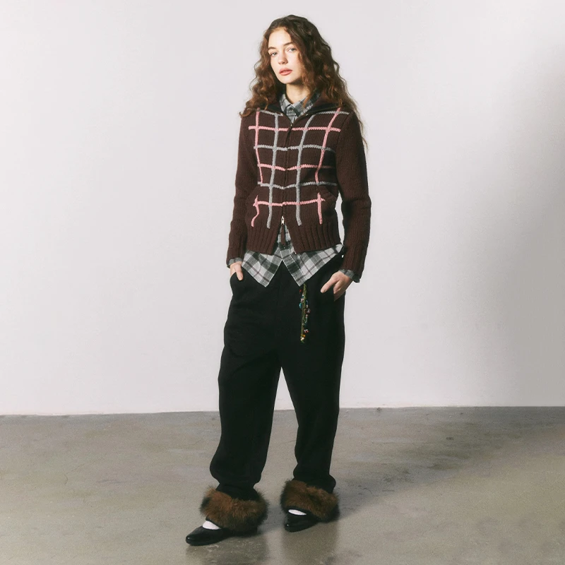 HilihiliPark 手工粗针几何图样撞色羊毛开衫