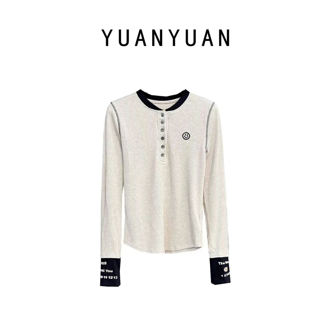 媛媛推荐【靓】气质长袖时尚百搭条纹设计师拼接针织衫C017