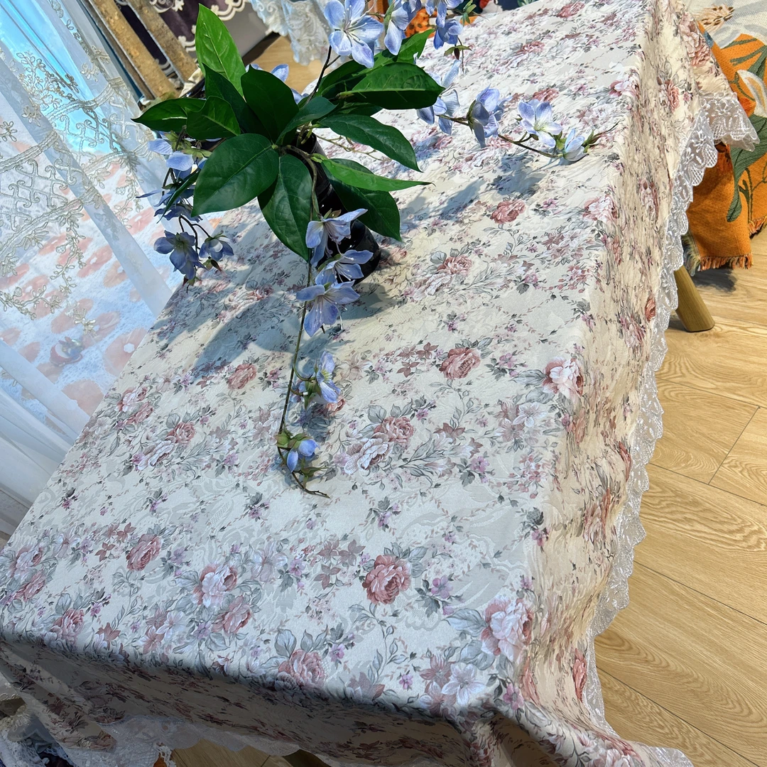 DY248-11贡缎(120*175cm)米底牡丹网格蕾丝花边长方形桌布