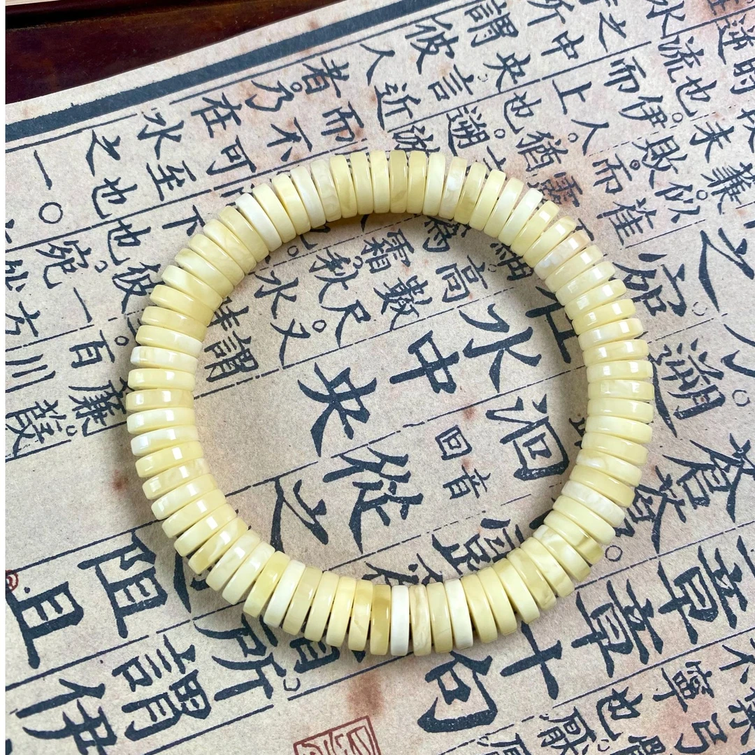 【山珊】9.6mm天然俄料浓白蜜蜡药片手串04074时尚单圈手镯