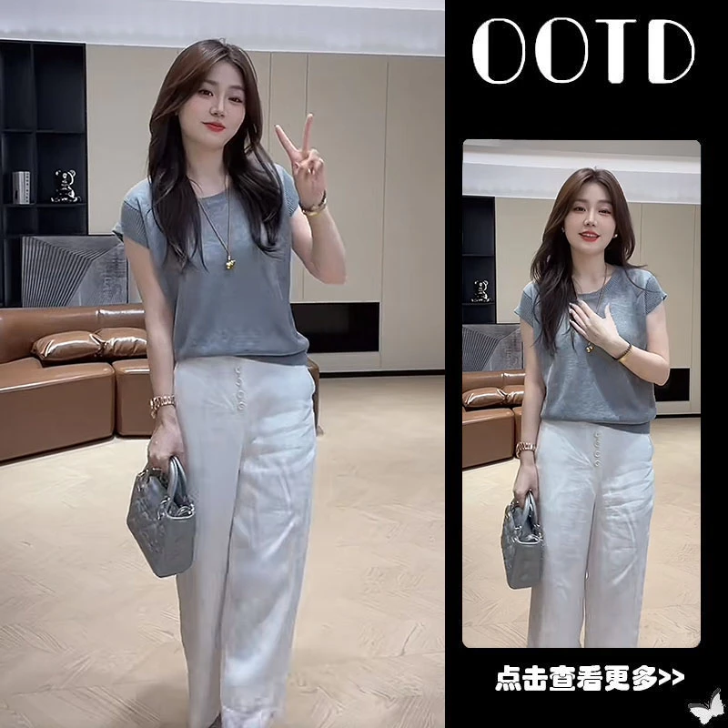 夏季流行穿搭一整套女2025新款韩版短袖针织衫百搭休闲裤两件套