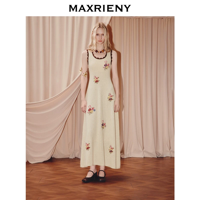 【商场同款】MAXRIENY法式复古绣花无袖连衣裙25冬款收腰羊毛长裙