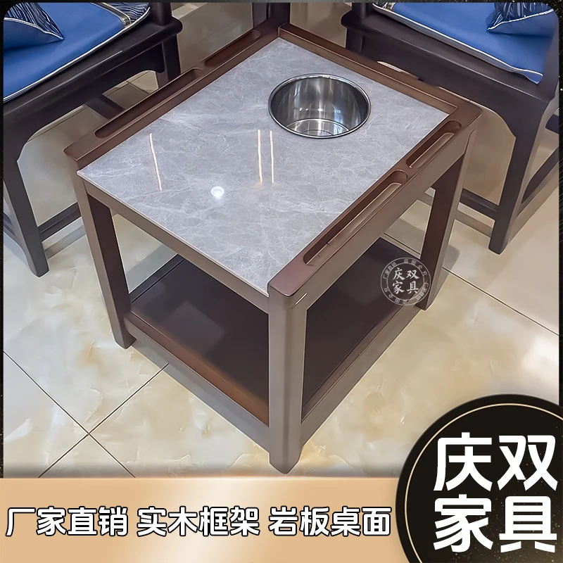 麻将桌边茶几棋牌室专用实木框架岩板边几防水台面不锈钢带烟缸烫