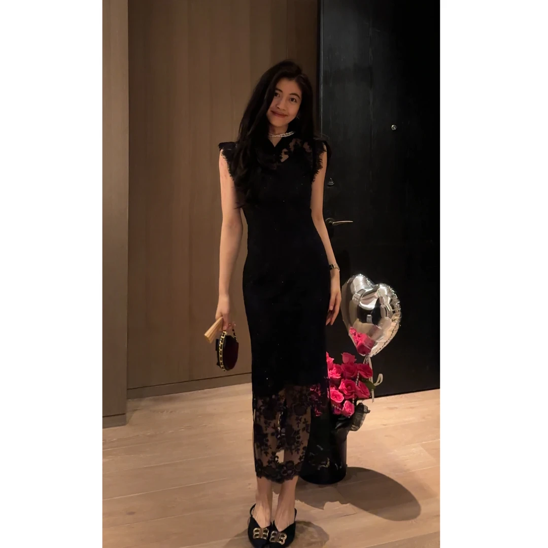 【N·COU】25夏新款【旗开得胜】法式修身蕾丝刺绣连衣裙旗袍DY22573