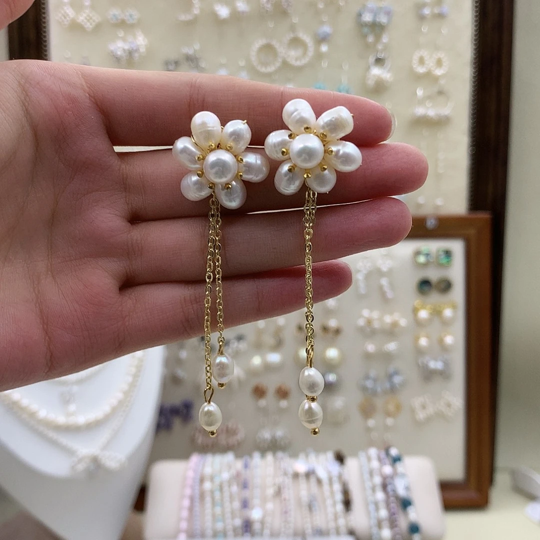 耳饰银S925镶嵌淡水珍珠