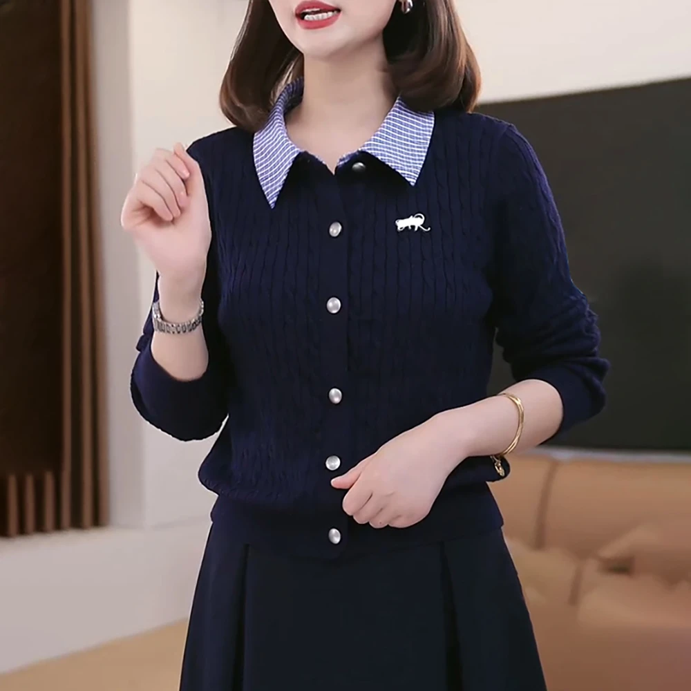 女士条纹针织开衫2025秋季宽松外穿减龄洋气麻花毛衣外套翻领上衣