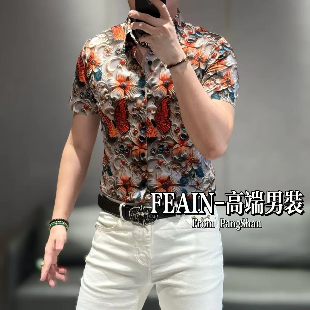 高端男士弹力莱卡真裸眼3D印花工艺蝴蝶花开富贵图短袖衬衫0610