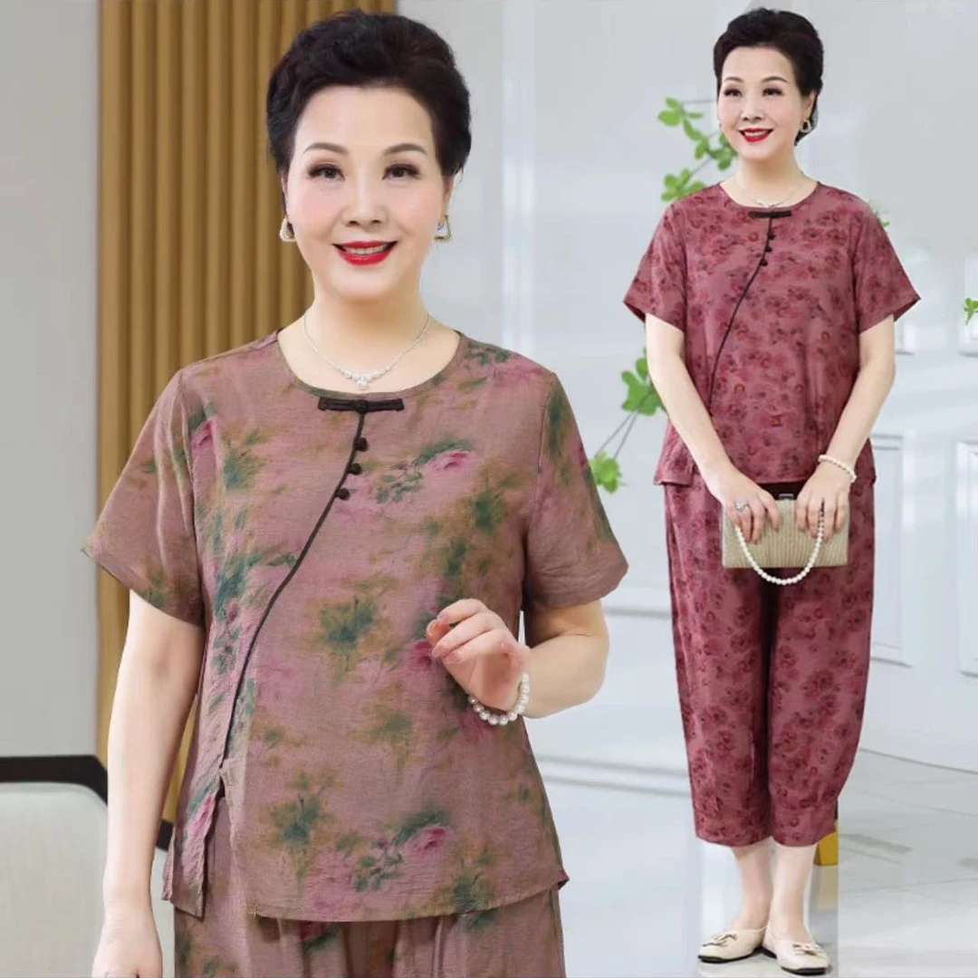 母亲节大码中老年夏季新款女时尚短袖套装50岁妈妈t恤两件套薄款