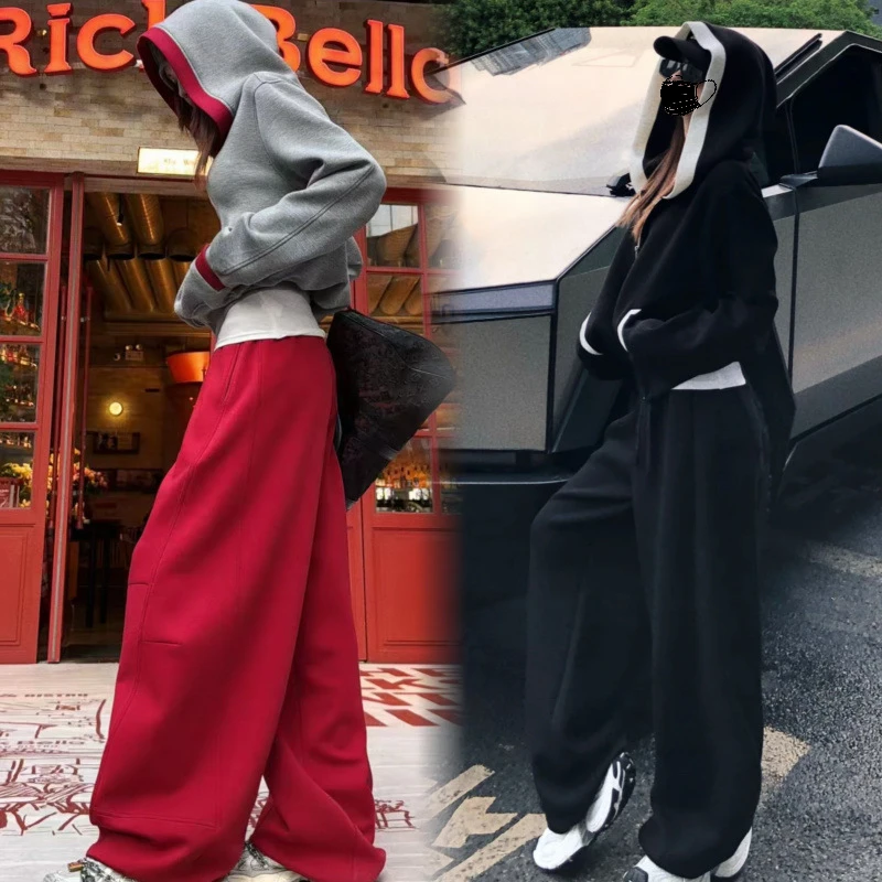 婉君Q智感凝灰秋季休闲风百搭宽松连帽卫衣外套休闲裤两件套