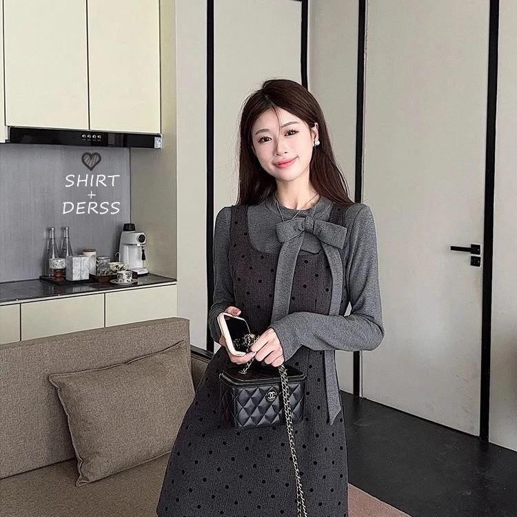 甜美风小众拼接灰色长袖连衣裙春季蝴蝶结波点收腰A字裙套装百搭