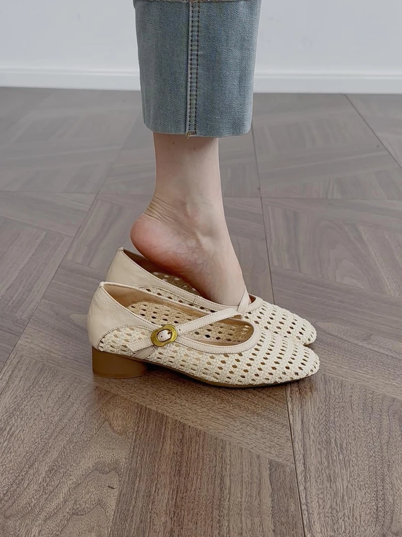 ZHZG｜粗跟镂空低跟透气少女风编织单鞋软底女鞋凉鞋浅口