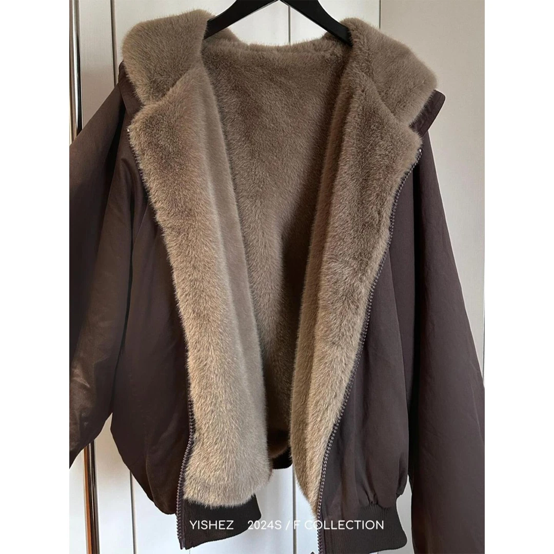 咖色双面穿连帽彷貂毛棉服外套男款冬季美式覆古加绒保暖棉衣夹克