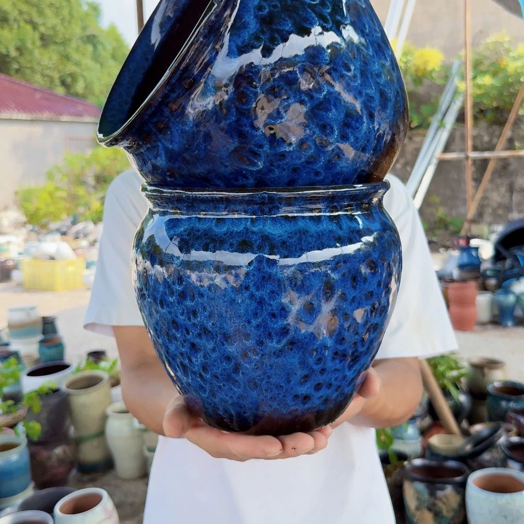 紫砂花盆口20高19（两个蓝孔雀