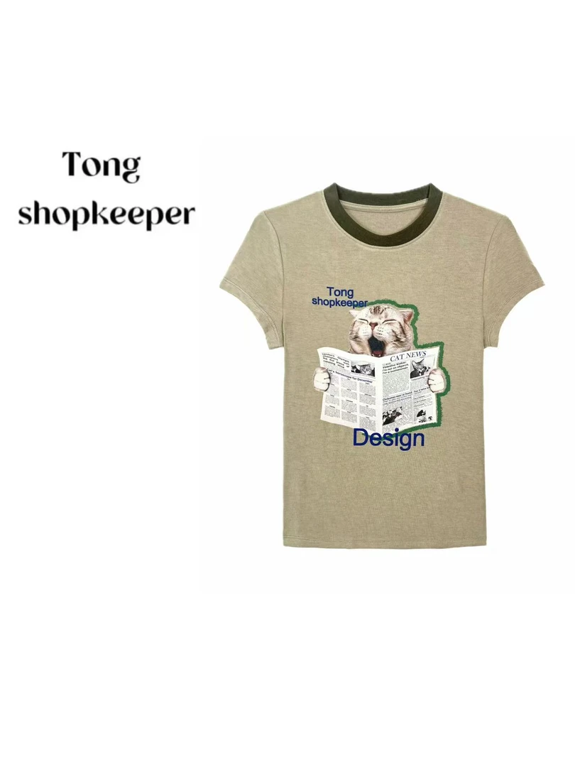 QJ/彤掌柜1681732 夏季25掌柜招财猫莱赛尔天丝印花减龄显瘦上衣