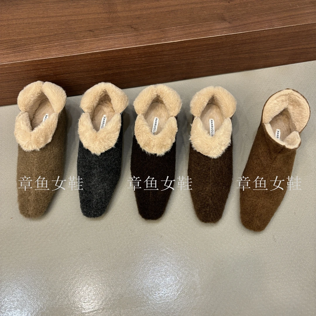 巨好看~复古一脚蹬毛毛鞋方头内增高毛呢单鞋女冬季加绒保暖棉鞋