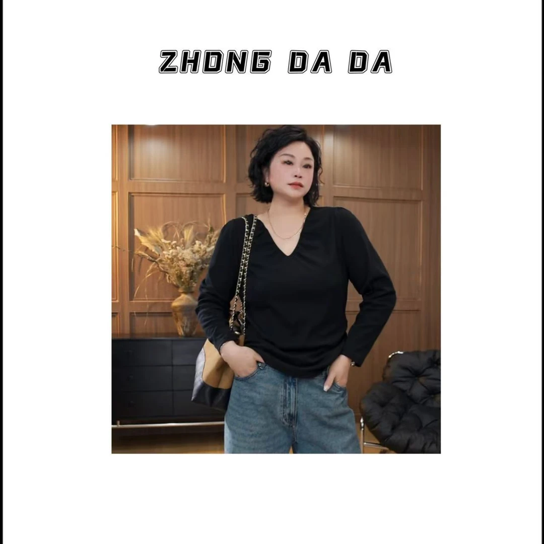 ZHONG大大【】显瘦V领长袖打底衫秋季百搭显瘦T恤上衣886*