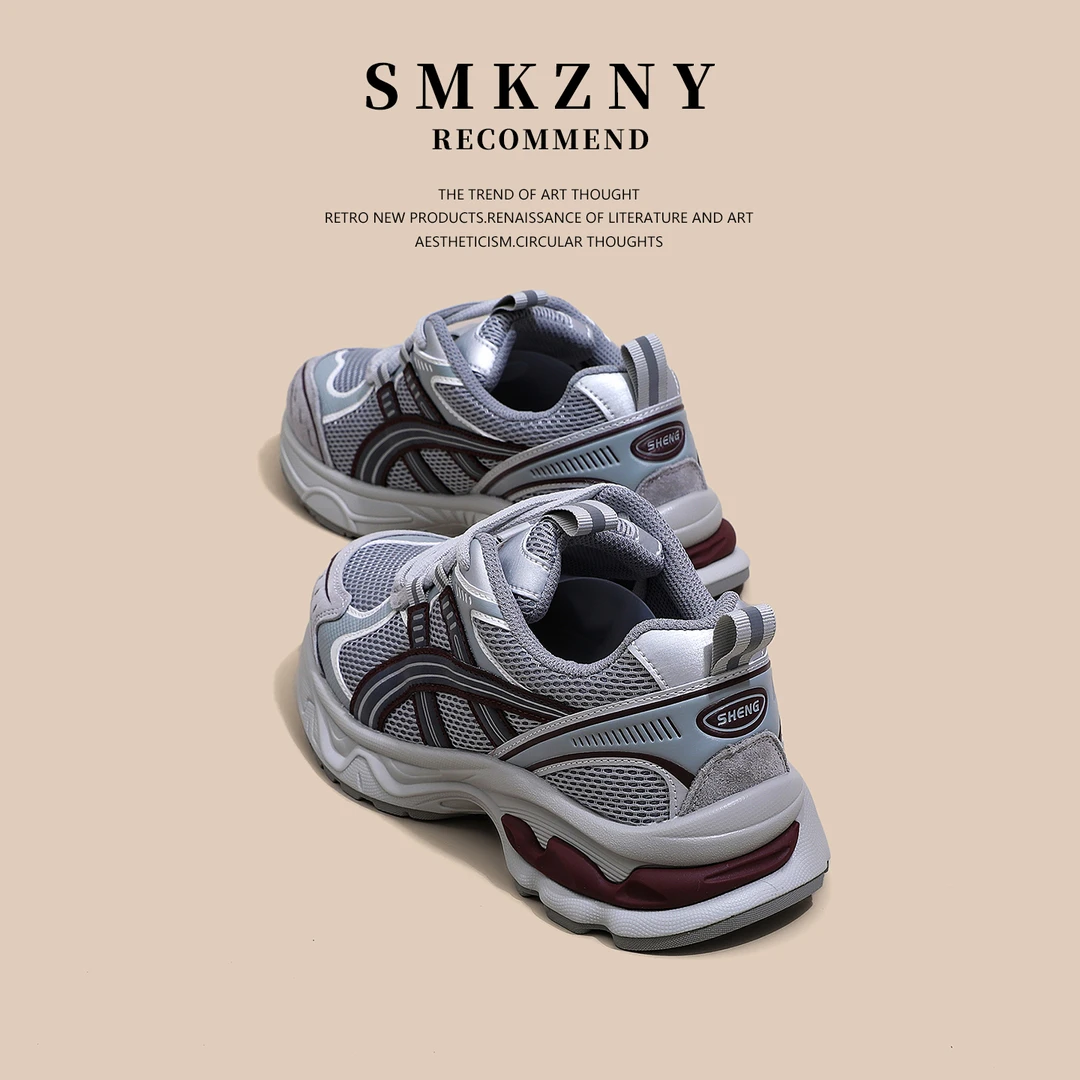 欧洲站老爹鞋女款秋季鞋子百搭红色网面厚底增高休闲运动鞋6650