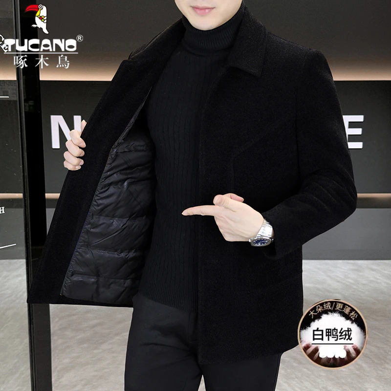 TUCANO/啄木鳥【白鸭绒内胆】秋冬季休闲呢子羽绒大衣男中长款保暖