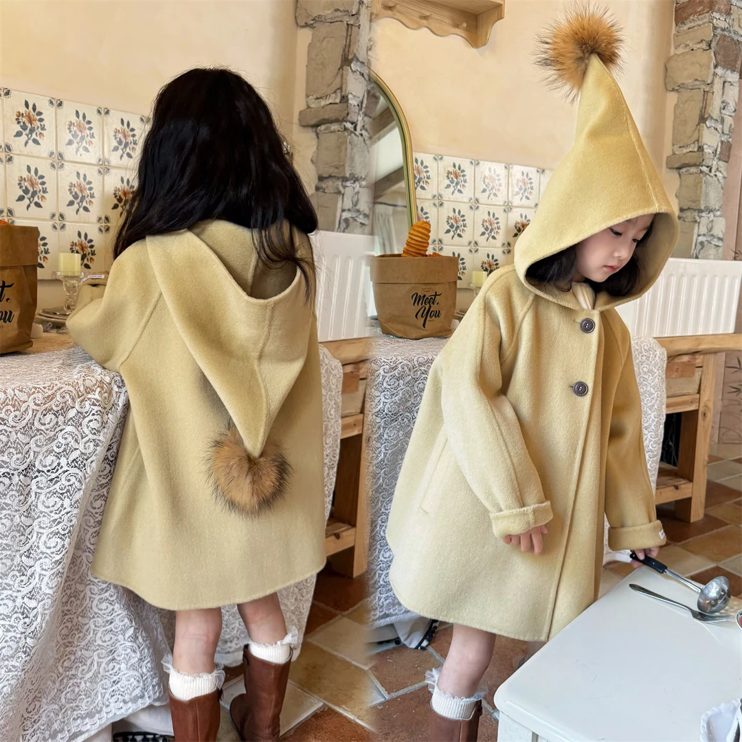 送内胆[Petit Nez]100%羊毛双面羊绒手工女童大衣奶酪黄精灵帽