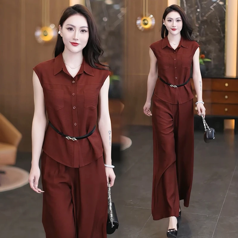 时尚套装女2025夏季新款洋气显瘦无袖衬衫上衣阔腿裤百搭两件套潮