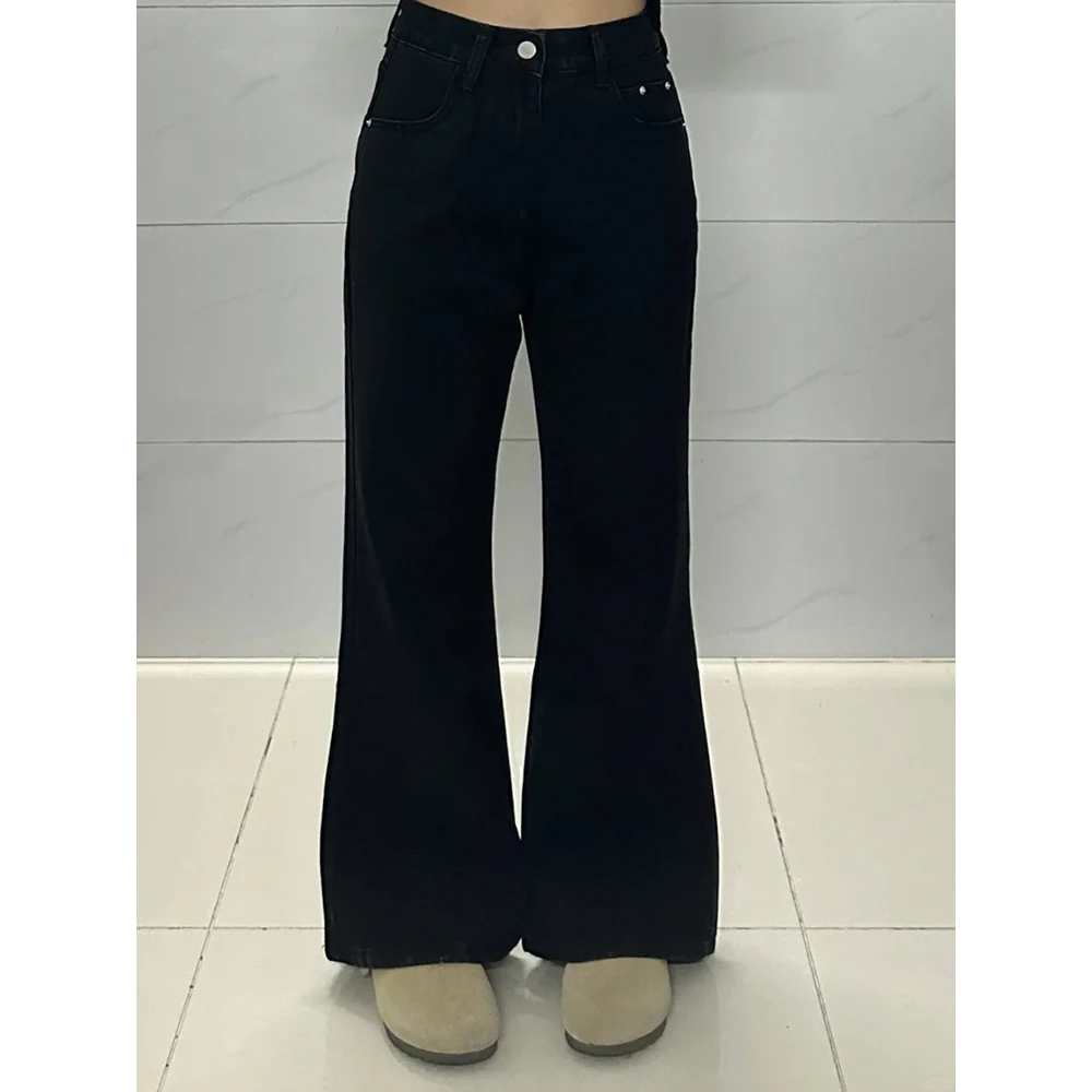 美式辣妹低腰阔腿牛仔裤女夏季百搭小个子黑色宽松显瘦微喇叭长裤