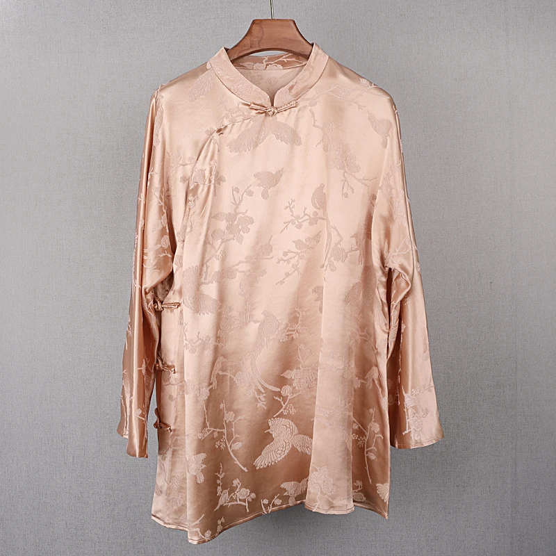009#重磅真丝衬衫女长袖立领中式斜门襟冠乐绉提花桑蚕丝女士上衣