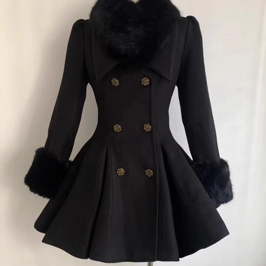赫本序章  掐腰毛呢大衣富家千金毛领呢子外套显瘦气质小个子黑色