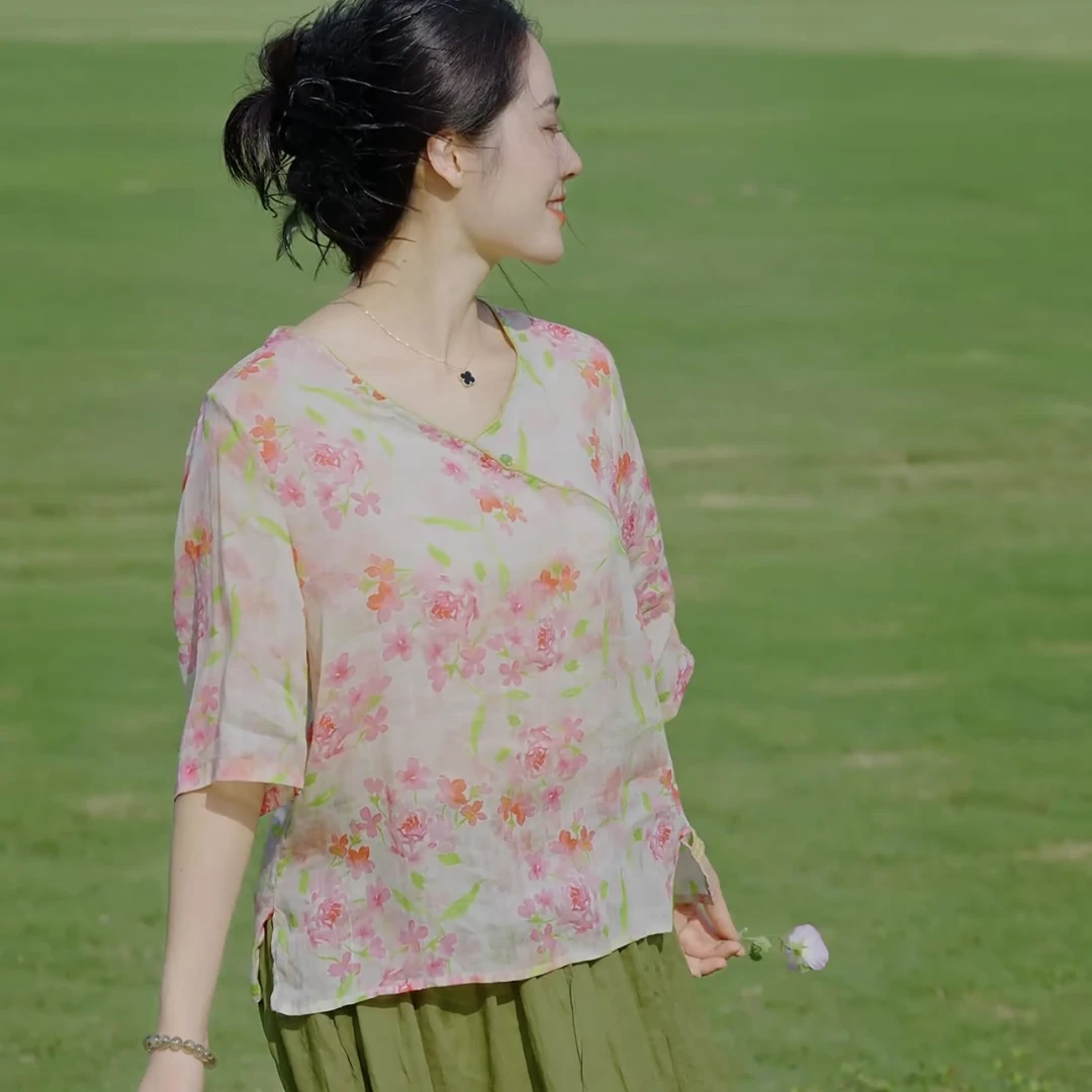 斗百花夏季新款斜门襟气质小花上衣3208