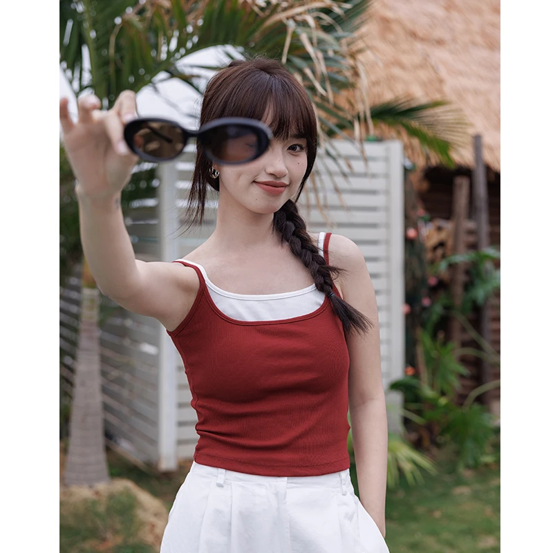 假两件辣妹显白短款夏女红色性感自带胸罩背心吊带