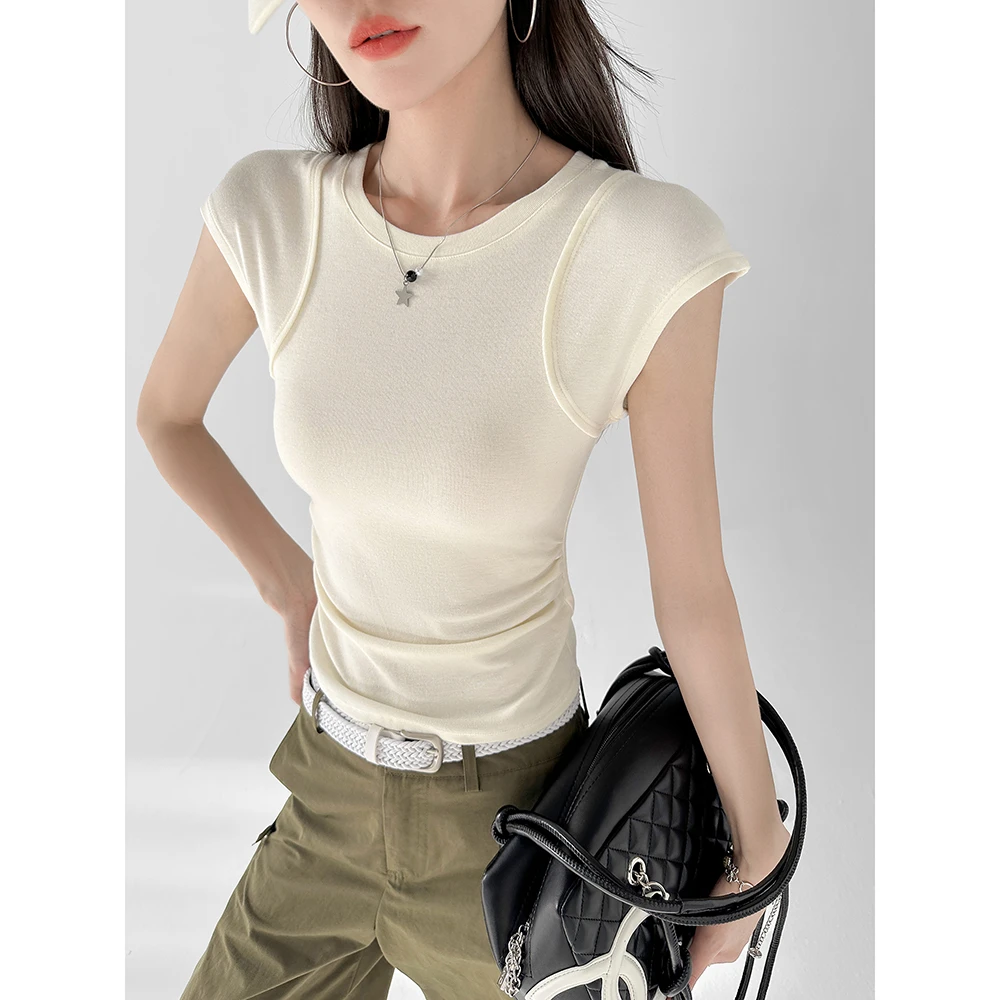 动感少女设计感小飞袖辣妹短袖t恤女2025正肩修身显瘦上衣打底衫