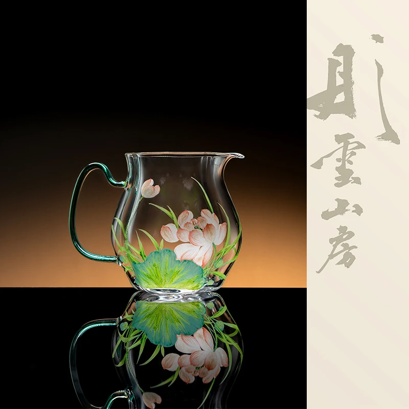 彤云山房玻璃手绘珐琅荷花绿手把花口公道杯景德镇手绘手绘茶具