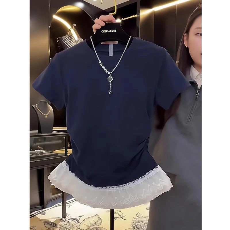 2025夏季新款深蓝色圆领时尚蕾丝拼接短袖T恤女韩式小众百搭上衣