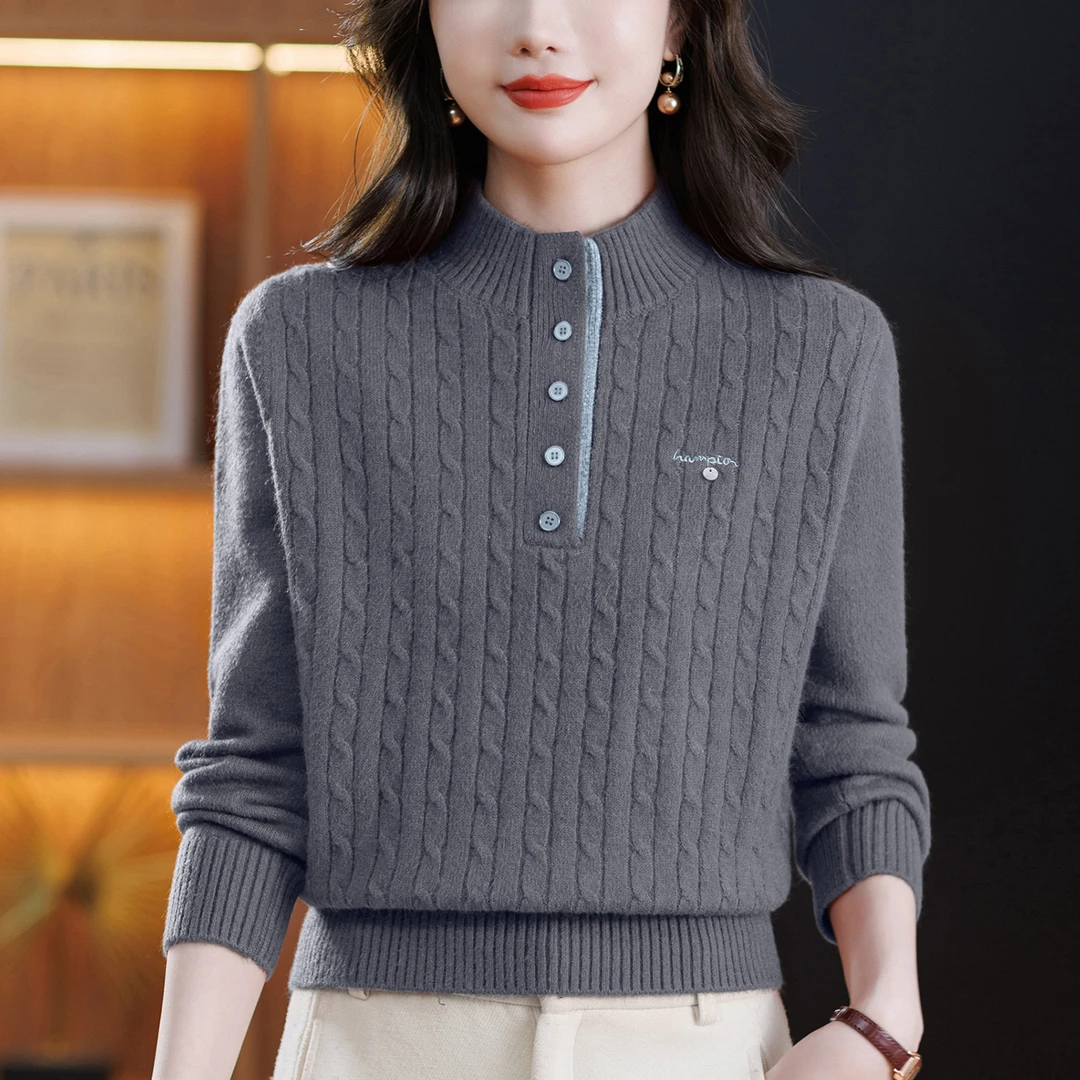 麻花毛衣女时尚洋气妈妈半高领上衣2025新款秋冬内搭可外穿打底衫