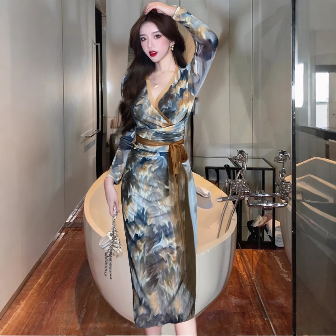 A有里布温柔风系带茶歇连衣裙端庄优雅气质修身V领包臀裙女D0595