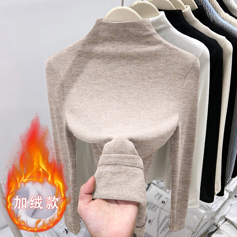 冬季新款女士外穿T恤休闲外穿秋衣打底小衫半高领百搭加绒长袖潮