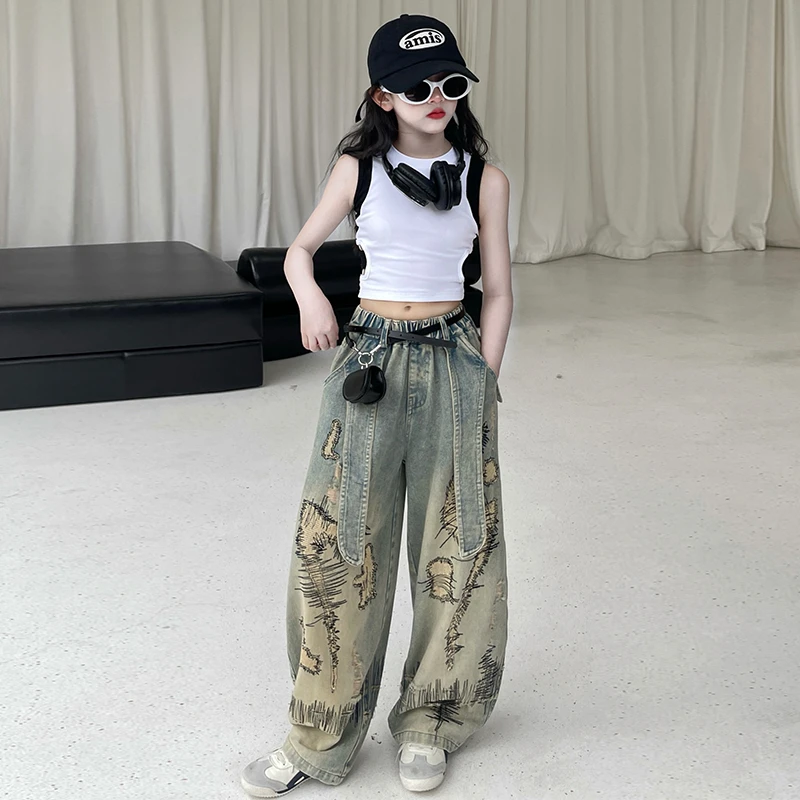 女童套装夏季背心潮范炸街儿童夏季破洞牛仔裤时髦洋气中大童穿搭
