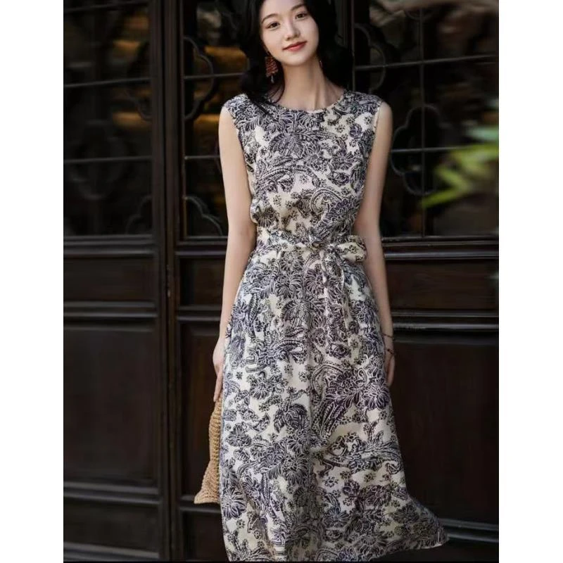 【玲】夏季新款复古时尚百搭印花无袖连衣裙 H-1007