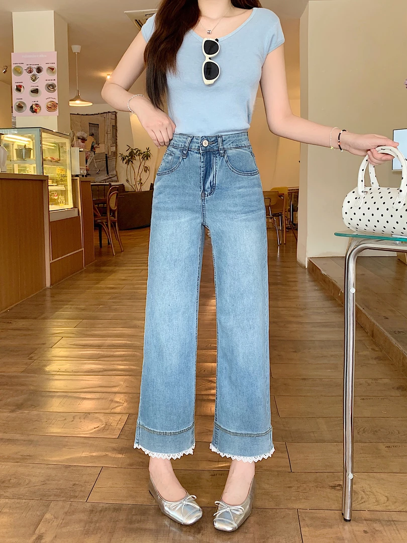 长大码设计感胖mm2025夏季新款浅蓝色蕾丝花边直筒牛仔裤66152