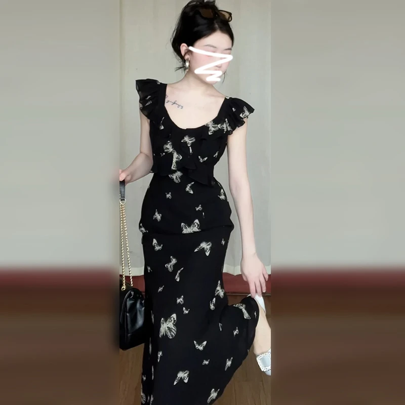 黑色碎花连衣裙女后妈裙2025新款爆款洋气夏季高级感长裙夏天裙子