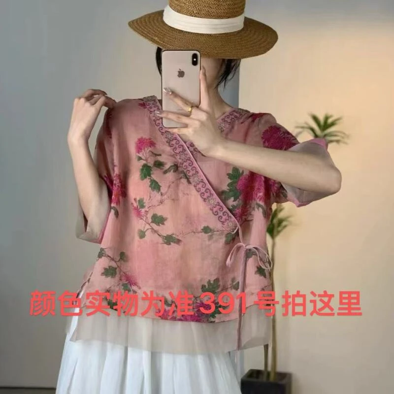 391拍这里]复古国风刺绣印花苎麻小衫女2025夏季新款五分袖中式茶