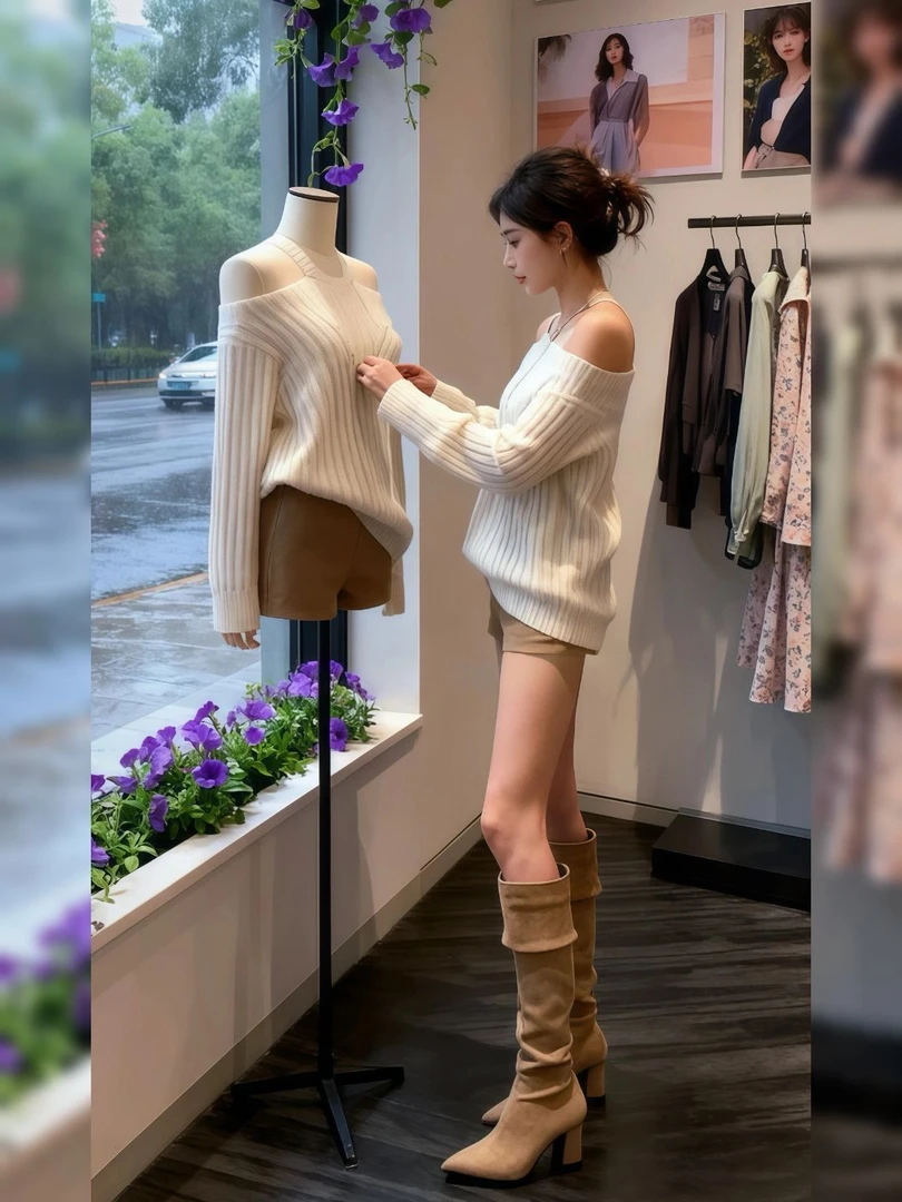 韩系早秋氛围感穿搭高级感巨好看洋气减龄慵懒松弛感白色露肩毛衣