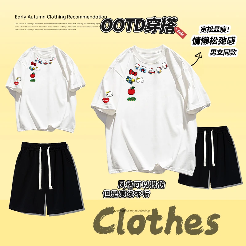 重磅100%纯棉甜美凯蒂猫印花休闲夏季短裤套装宽松圆领短袖T恤