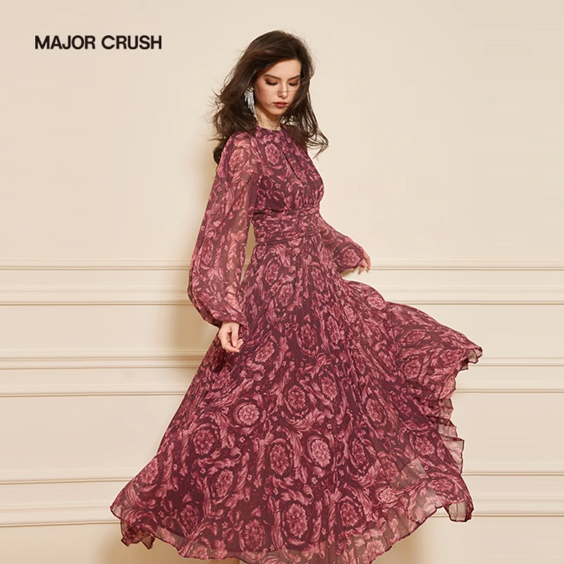 MAJOR CRUSH新款米亚之旅压褶大摆连衣裙经典圆领收腰连衣裙6512