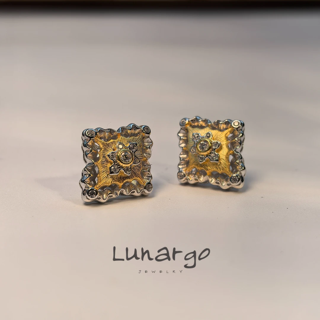 925银合成锆石耳饰 Lunargo澜歌菱形手工拉丝耳饰复古宫廷小众